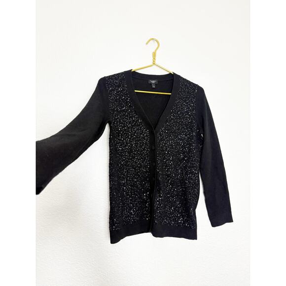 NWOT Talbots Sequined Rib knit Trim Cardigan Size Small Black Wool Blend Preppy - Picture 9 of 11